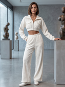 Women Ribbed Knit 2 Piece Outfit, Zip Up Collar Cropped Jacket + High Waist Wide Leg Pants Tracksuit Set ZMZ1232H3YZH
