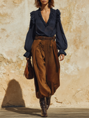 Women Ruffled V Neck Puff Long Sleeve Blouse & High Waist Loose Harem Pants 2 Piece Vacation Outfit ZMZ1280H3YZH