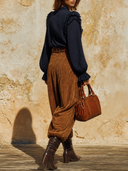 Women Ruffled V Neck Puff Long Sleeve Blouse & High Waist Loose Harem Pants 2 Piece Vacation Outfit ZMZ1280H3YZH