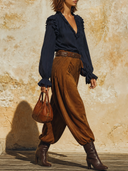 Women Ruffled V Neck Puff Long Sleeve Blouse & High Waist Loose Harem Pants 2 Piece Vacation Outfit ZMZ1280H3YZH