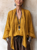 Women's Classic Cotton-Linen Long-Sleeve Top With V-Neck And Tie-Neck Detail ZMZ1386H1SWL