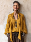 Women's Classic Cotton-Linen Long-Sleeve Top With V-Neck And Tie-Neck Detail ZMZ1386H1SWL