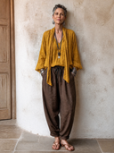 Women's Classic Cotton-Linen Long-Sleeve Top With V-Neck And Tie-Neck Detail ZMZ1386H1SWL