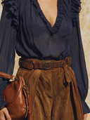 Women Ruffled V Neck Puff Long Sleeve Blouse & High Waist Loose Harem Pants 2 Piece Vacation Outfit ZMZ1280H3YZH