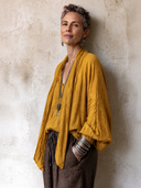 Women's Classic Cotton-Linen Long-Sleeve Top With V-Neck And Tie-Neck Detail ZMZ1386H1SWL