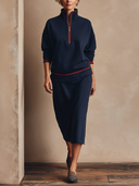 Women Half Zip Stand Collar Sweatshirt & Midi Skirt 2 Piece Casual Outfit Contrast Trim Tracksuit Set ZMZ1208H7YZH