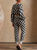 Women Checkered Knit 2 Piece Outfit, V Neck Cropped Lantern Sleeve Top + High Waist Jogger Pants Set ZMZ1205H3YZH