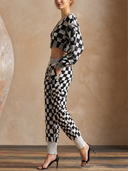 Women Checkered Knit 2 Piece Outfit, V Neck Cropped Lantern Sleeve Top + High Waist Jogger Pants Set ZMZ1205H3YZH