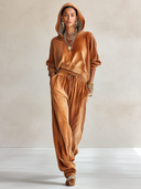 Women's Stylish Caramel Corduroy Hoodie And Pants Two-Piece Set ZMZ1306H0SWL