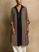 Women's Color-Block Striped Long-Sleeve Chiffon Midi Dress ZMZ1391H4XT