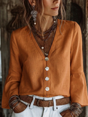 Women's Cotton-Linen V-Neck Button-Front Flare-Sleeve Shirt ZMZ1306H9XT