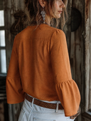 Women's Cotton-Linen V-Neck Button-Front Flare-Sleeve Shirt ZMZ1306H9XT