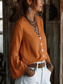 Women's Cotton-Linen V-Neck Button-Front Flare-Sleeve Shirt ZMZ1306H9XT
