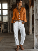 Women's Cotton-Linen V-Neck Button-Front Flare-Sleeve Shirt ZMZ1306H9XT
