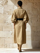 Women's Classic Khaki Cotton Long-Sleeve Midi Dress (Belt Included) ZMZ1239H7SWL