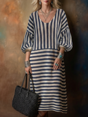 Women's Classic Casual Striped Crew-Neck Lantern-Sleeve Loose Knit Dress ZMZ1115H5ZYY