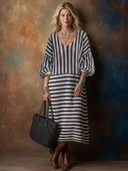 Women's Classic Casual Striped Crew-Neck Lantern-Sleeve Loose Knit Dress ZMZ1115H5ZYY