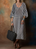 Women's Classic Casual Striped Crew-Neck Lantern-Sleeve Loose Knit Dress ZMZ1115H5ZYY