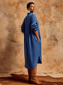 Women's Classic American Casual Cotton-Linen With Collar, Long Sleeves, And Multiple Pockets Midi Dress ZMZ1325H2ZYY