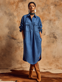 Women's Classic American Casual Cotton-Linen With Collar, Long Sleeves, And Multiple Pockets Midi Dress ZMZ1325H2ZYY