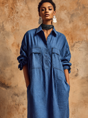 Women's Classic American Casual Cotton-Linen With Collar, Long Sleeves, And Multiple Pockets Midi Dress ZMZ1325H2ZYY