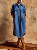 Women's Classic American Casual Cotton-Linen With Collar, Long Sleeves, And Multiple Pockets Midi Dress ZMZ1325H2ZYY