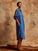 Women's Classic American Casual Cotton-Linen With Collar, Long Sleeves, And Multiple Pockets Midi Dress ZMZ1325H2ZYY