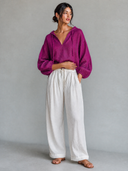 Women's High-Quality Linen V-Neck Lantern Sleeve Hoodie ZMZ1304H7XT