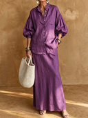 Women's Vintage-Style Elegant Cotton-Linen Set: Mandarin Collar Lantern-Sleeve Shirt And Elastic-Waist Skirt ZMZ3001G5ZYY