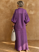 Women's Vintage-Style Elegant Cotton-Linen Set: Mandarin Collar Lantern-Sleeve Shirt And Elastic-Waist Skirt ZMZ3001G5ZYY