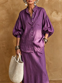 Women's Vintage-Style Elegant Cotton-Linen Set: Mandarin Collar Lantern-Sleeve Shirt And Elastic-Waist Skirt ZMZ3001G5ZYY