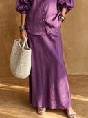 Women's Vintage-Style Elegant Cotton-Linen Set: Mandarin Collar Lantern-Sleeve Shirt And Elastic-Waist Skirt ZMZ3001G5ZYY