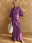 Women's Vintage-Style Elegant Cotton-Linen Set: Mandarin Collar Lantern-Sleeve Shirt And Elastic-Waist Skirt ZMZ3001G5ZYY