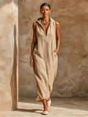 Women's Sleeveless Hooded V-Neck Linen Maxi Dress ZMZ1339H7XT