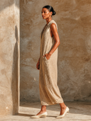 Women's Sleeveless Hooded V-Neck Linen Maxi Dress ZMZ1339H7XT