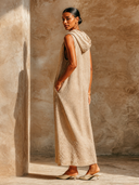 Women's Sleeveless Hooded V-Neck Linen Maxi Dress ZMZ1339H7XT