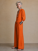 Women's Vintage Elegant Cotton-Linen Set: Single-Breasted Lantern-Sleeve Shirt And Elastic-Waist Wide-Leg Pants ZMZ1379H9ZYY