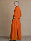 Women's Vintage Elegant Cotton-Linen Set: Single-Breasted Lantern-Sleeve Shirt And Elastic-Waist Wide-Leg Pants ZMZ1379H9ZYY