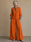 Women's Vintage Elegant Cotton-Linen Set: Single-Breasted Lantern-Sleeve Shirt And Elastic-Waist Wide-Leg Pants ZMZ1379H9ZYY