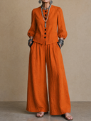 Women's Vintage Elegant Cotton-Linen Set: Single-Breasted Lantern-Sleeve Shirt And Elastic-Waist Wide-Leg Pants ZMZ1379H9ZYY