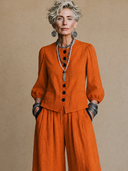 Women's Vintage Elegant Cotton-Linen Set: Single-Breasted Lantern-Sleeve Shirt And Elastic-Waist Wide-Leg Pants ZMZ1379H9ZYY