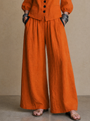 Women's Vintage Elegant Cotton-Linen Set: Single-Breasted Lantern-Sleeve Shirt And Elastic-Waist Wide-Leg Pants ZMZ1379H9ZYY