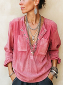 Women's Stylish Pink Faux Suede Long-Sleeve Button-Collar Top ZMZ1253H6SWL