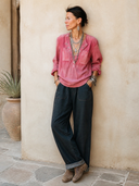 Women's Stylish Pink Faux Suede Long-Sleeve Button-Collar Top ZMZ1253H6SWL