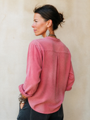 Women's Stylish Pink Faux Suede Long-Sleeve Button-Collar Top ZMZ1253H6SWL