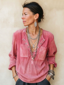 Women's Stylish Pink Faux Suede Long-Sleeve Button-Collar Top ZMZ1253H6SWL