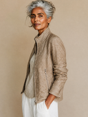 Women's Stand-Collar Zip-Front Linen Biker Jacket ZMZ1344H5XT