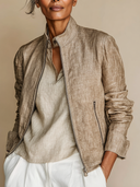 Women's Stand-Collar Zip-Front Linen Biker Jacket ZMZ1344H5XT