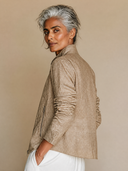Women's Stand-Collar Zip-Front Linen Biker Jacket ZMZ1344H5XT