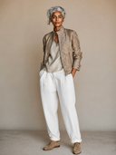 Women's Stand-Collar Zip-Front Linen Biker Jacket ZMZ1344H5XT